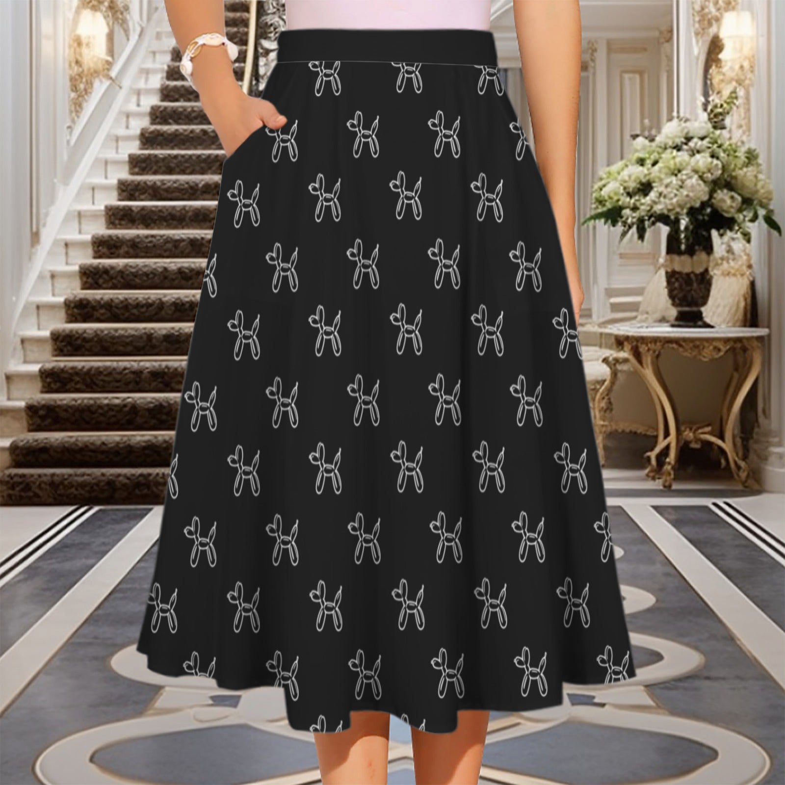 Classy Balloon Dogs Women's Elastic Waist Midi Skirt with Pockets