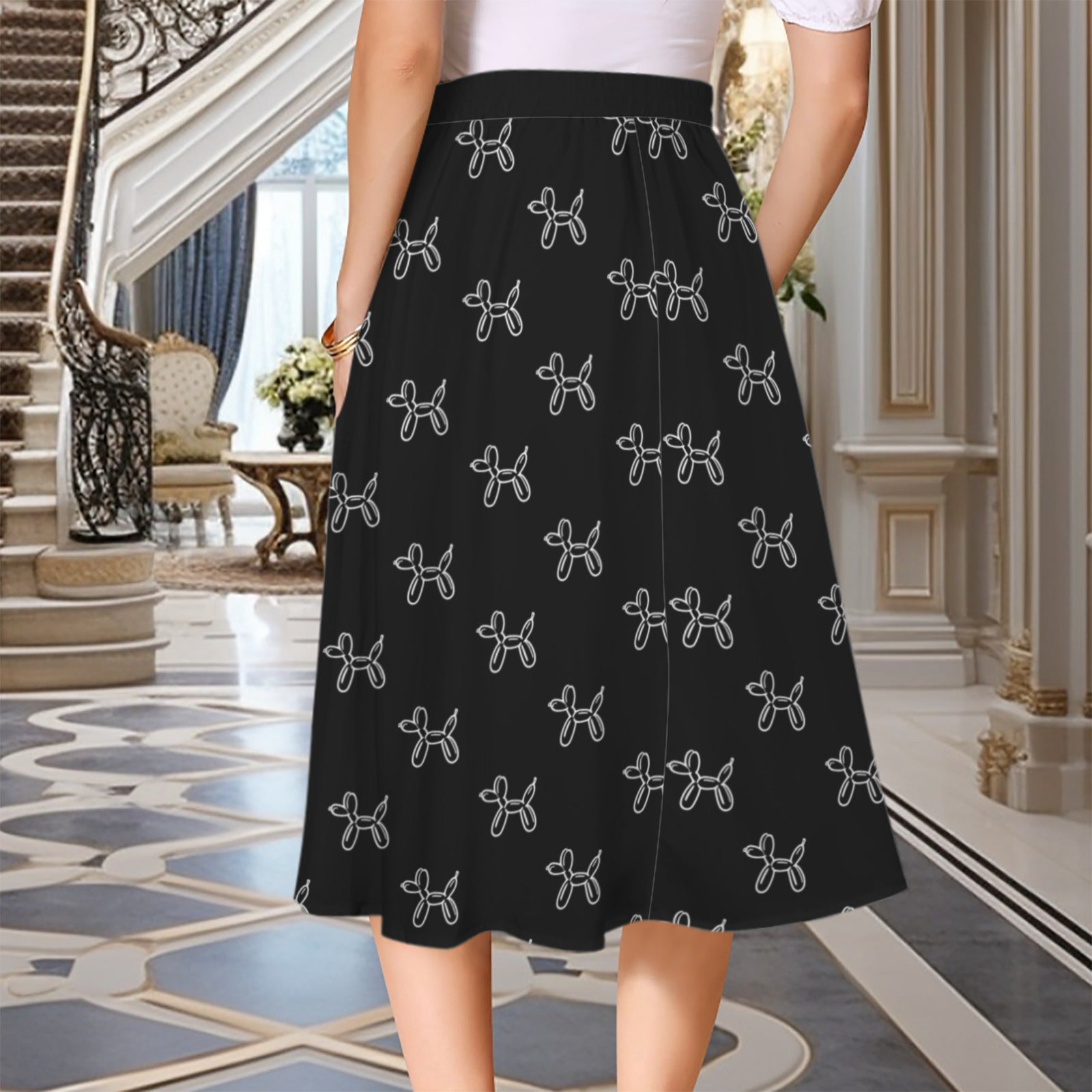Classy Balloon Dogs Women's Elastic Waist Midi Skirt with Pockets