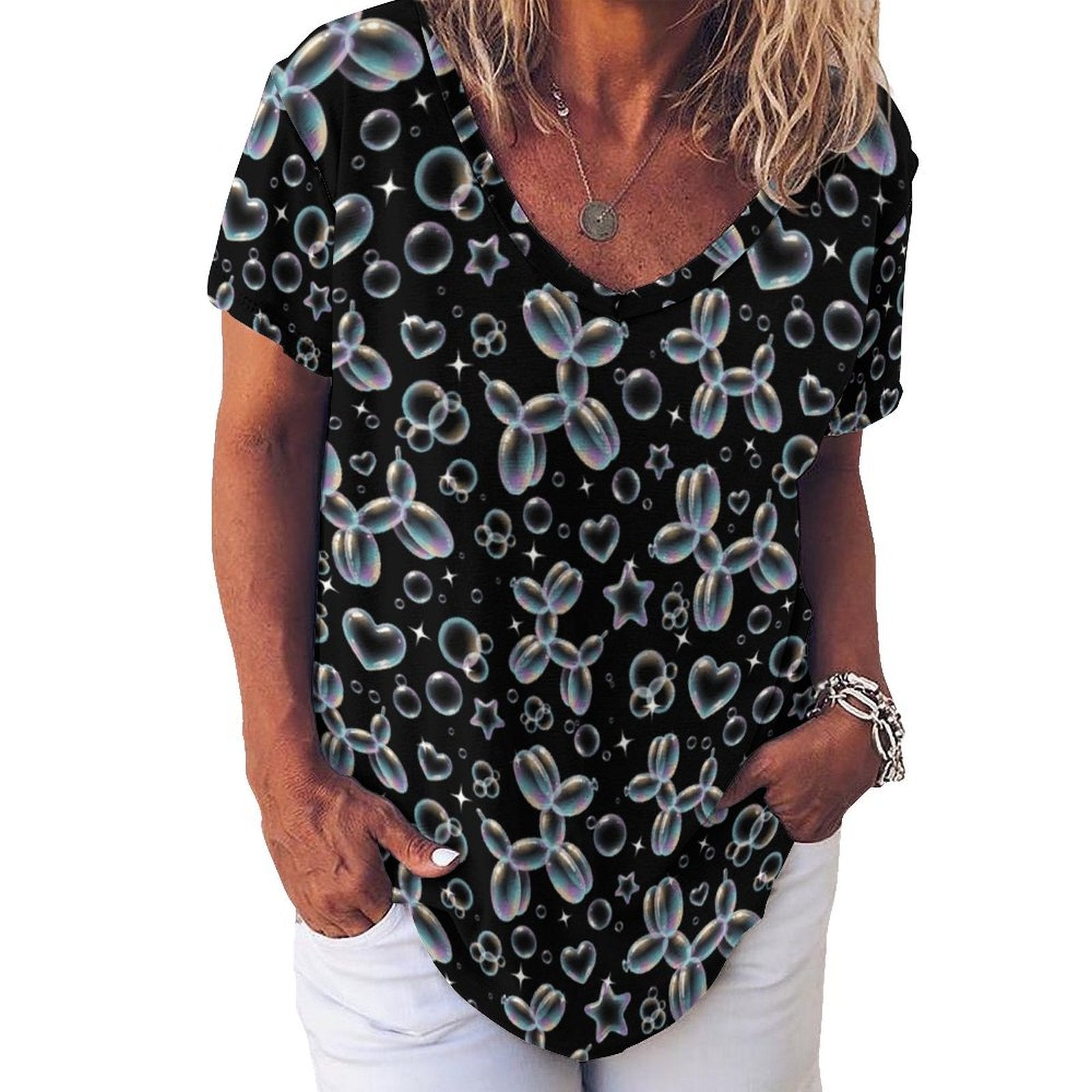 Bubble Balloon Dogs Women's Ice Silk V-Neck Top
