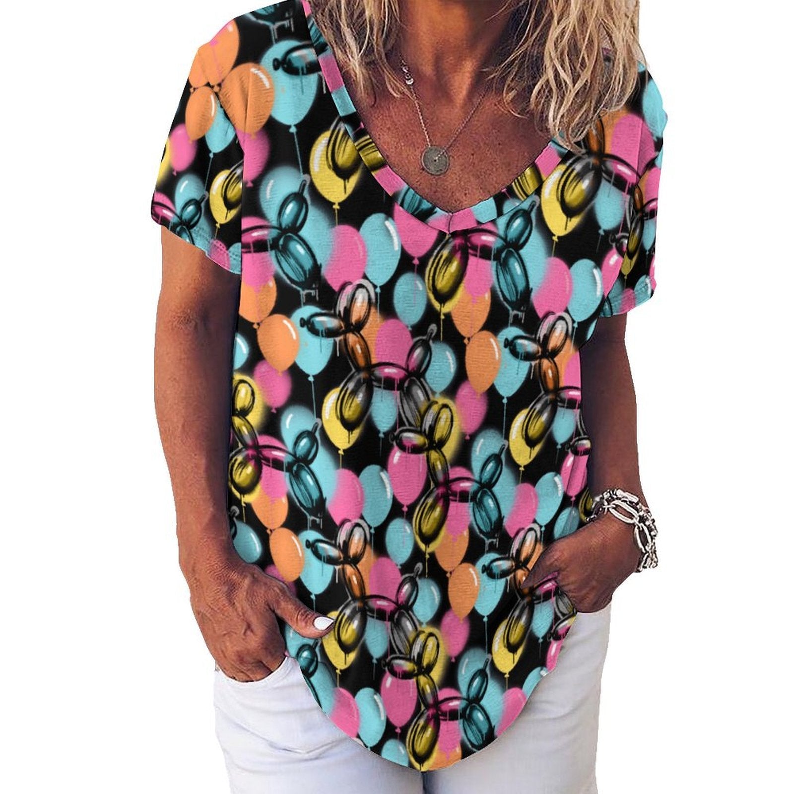 Graffiti Dogs Women's Ice Silk V-Neck Top